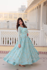 Sky Blue Faux Georgette Sequins Embroidered Gown With Dupatta