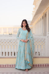 Sky Blue Faux Georgette Sequins Embroidered Gown With Dupatta