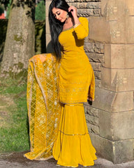 Yellow Faux Georgette Sequins Embroidered Sharara Salwar Suit With Dupatta