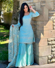 Sky Blue Faux Georgette Sequins Embroidered Sharara Salwar Suit With Dupatta