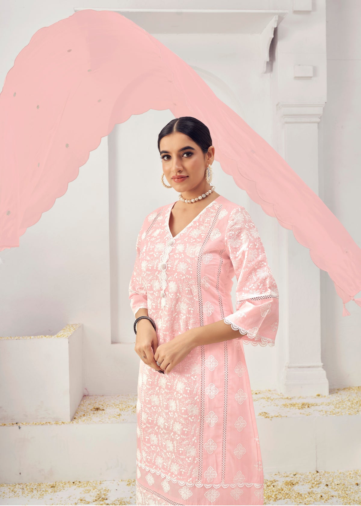 Pink Cotton Embroidered Lucknawi Salwar Suit