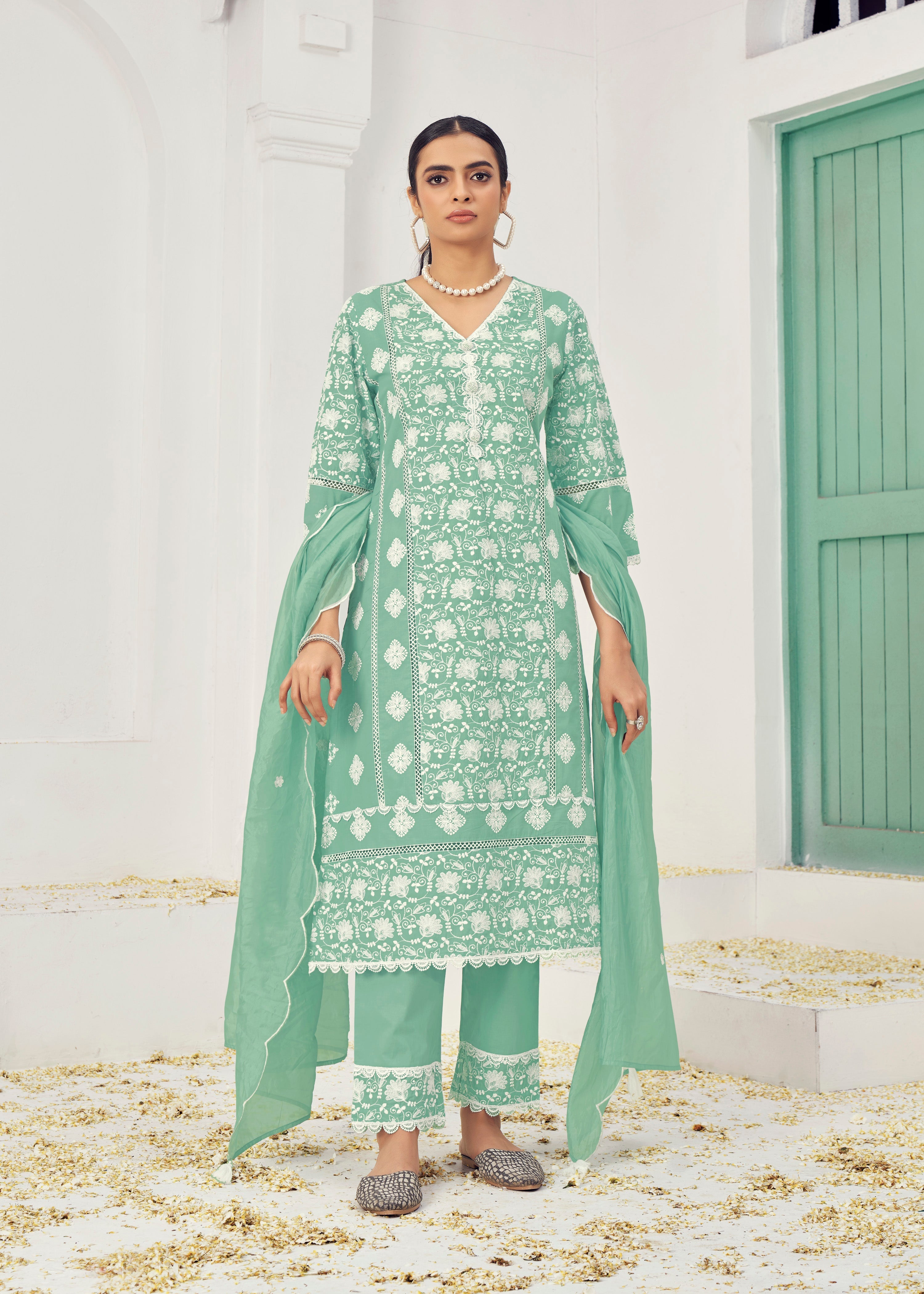 Sea Green Cotton Embroidered Lucknawi Salwar Suit