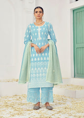 Costume Salwar Lucknowi en coton bleu ciel brodé