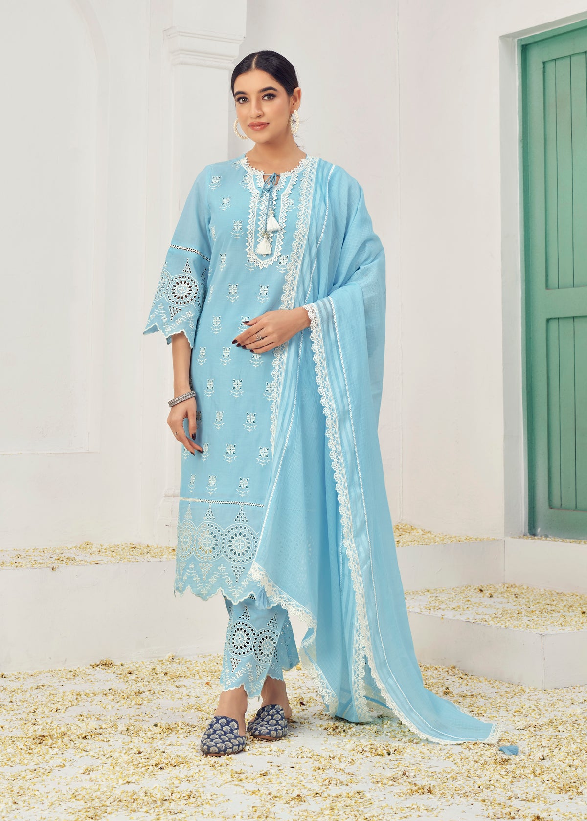 Blue Cotton Embroidered Lucknowi Salwar Suit