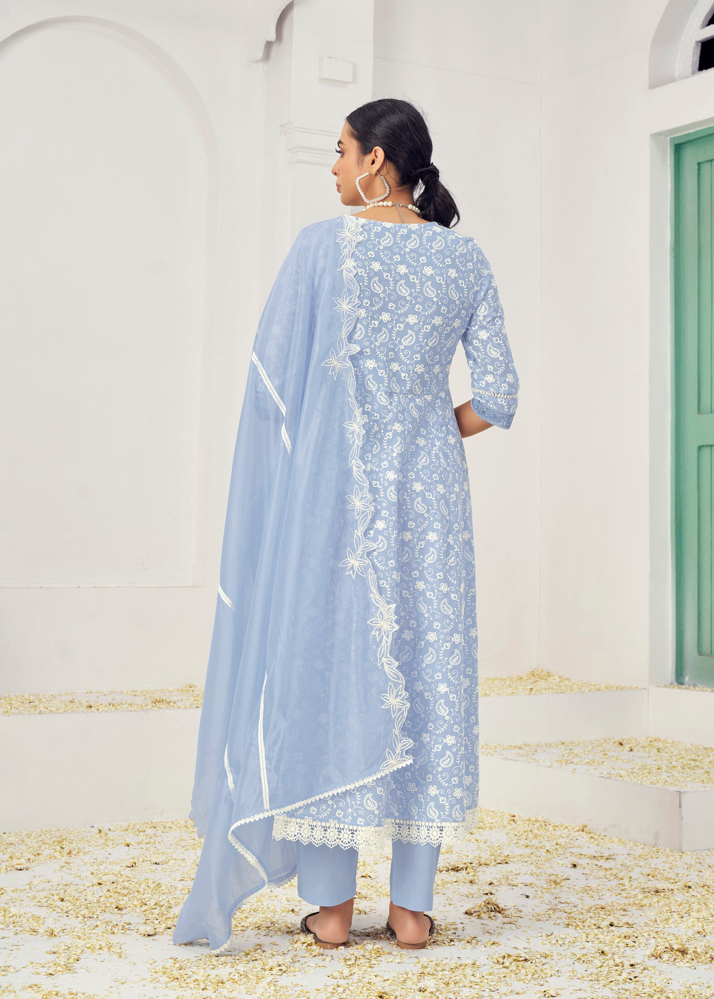 Sky Blue Cotton Embroidered Lucknowi Salwar Suit