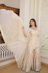 Costume Salwar tissé en jacquard de viscose blanc avec dupatta Gharara