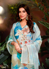 Costume Salwar Schiffli en lin et coton bleu ciel imprimé numériquement avec pantalon Dupatta