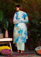 Costume Salwar Schiffli en lin et coton bleu ciel imprimé numériquement avec pantalon Dupatta