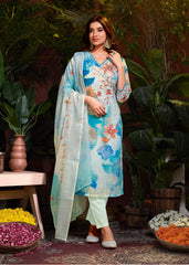 Costume Salwar Schiffli en lin et coton bleu ciel imprimé numériquement avec pantalon Dupatta