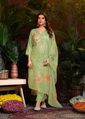 Costume Salwar Schiffli en lin et coton vert imprimé numériquement avec pantalon Dupatta