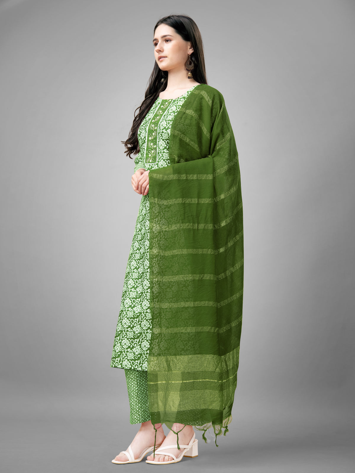 Green Rayon Printed Salwar Suit With Pant Dupatta