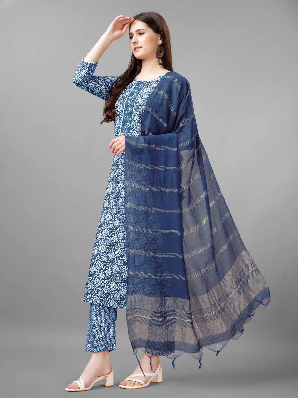 Blue Rayon Printed Salwar Suit With Pant Dupatta