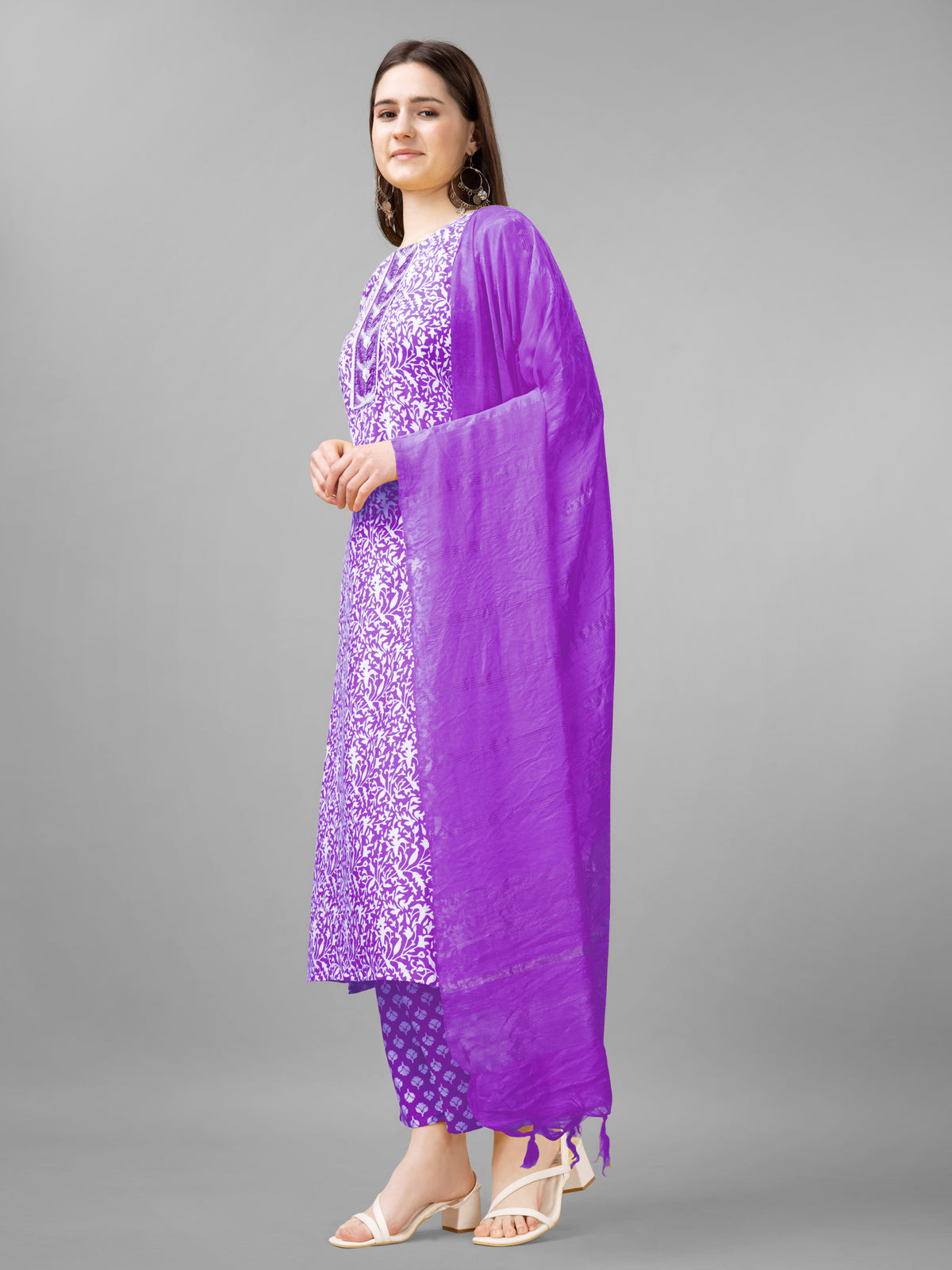 Purple Rayon Printed Salwar Suit With Pant Dupatta