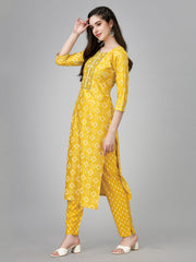 Yellow Rayon Printed Kurti With Pant