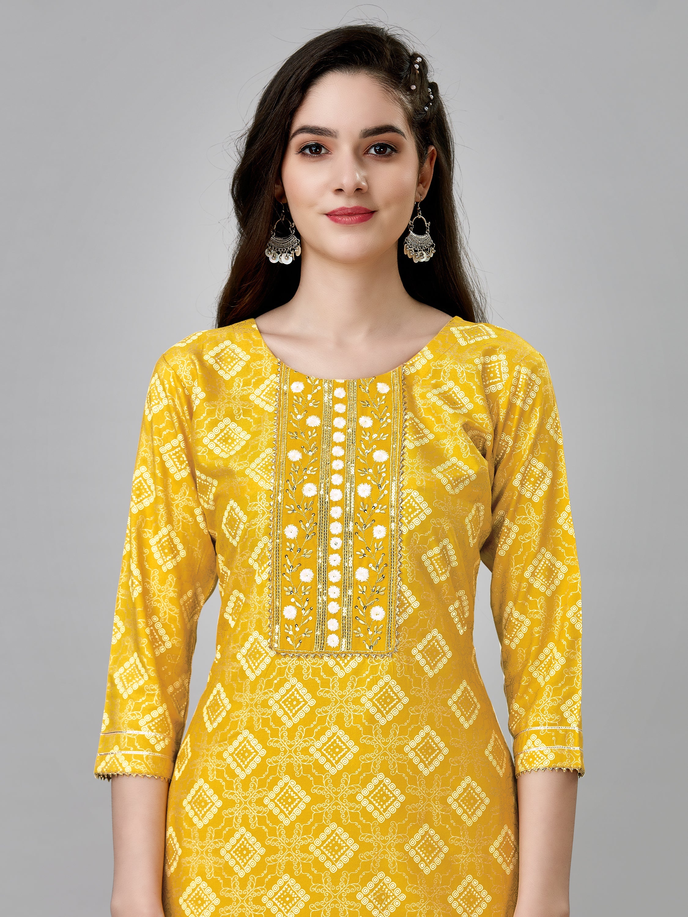 Yellow Rayon Printed Kurti With Pant