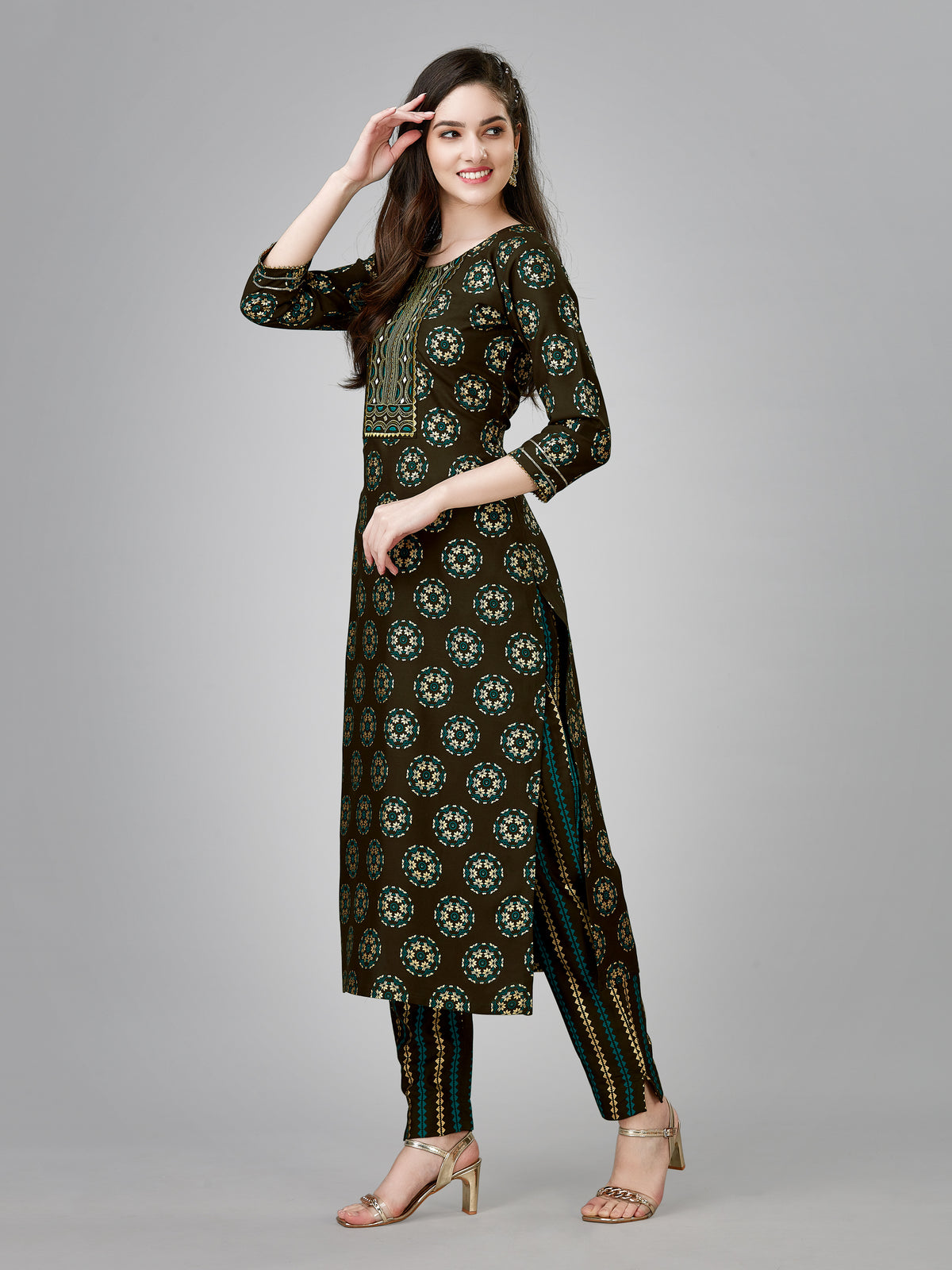 Coffee Rayon Printed Kurti With Pant