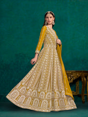 Yellow Faux Georgette Embroidered Flared Anarkali Gown With Bottom Dupatta