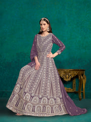 Purple Faux Georgette Embroidered Flared Anarkali Gown With Bottom Dupatta