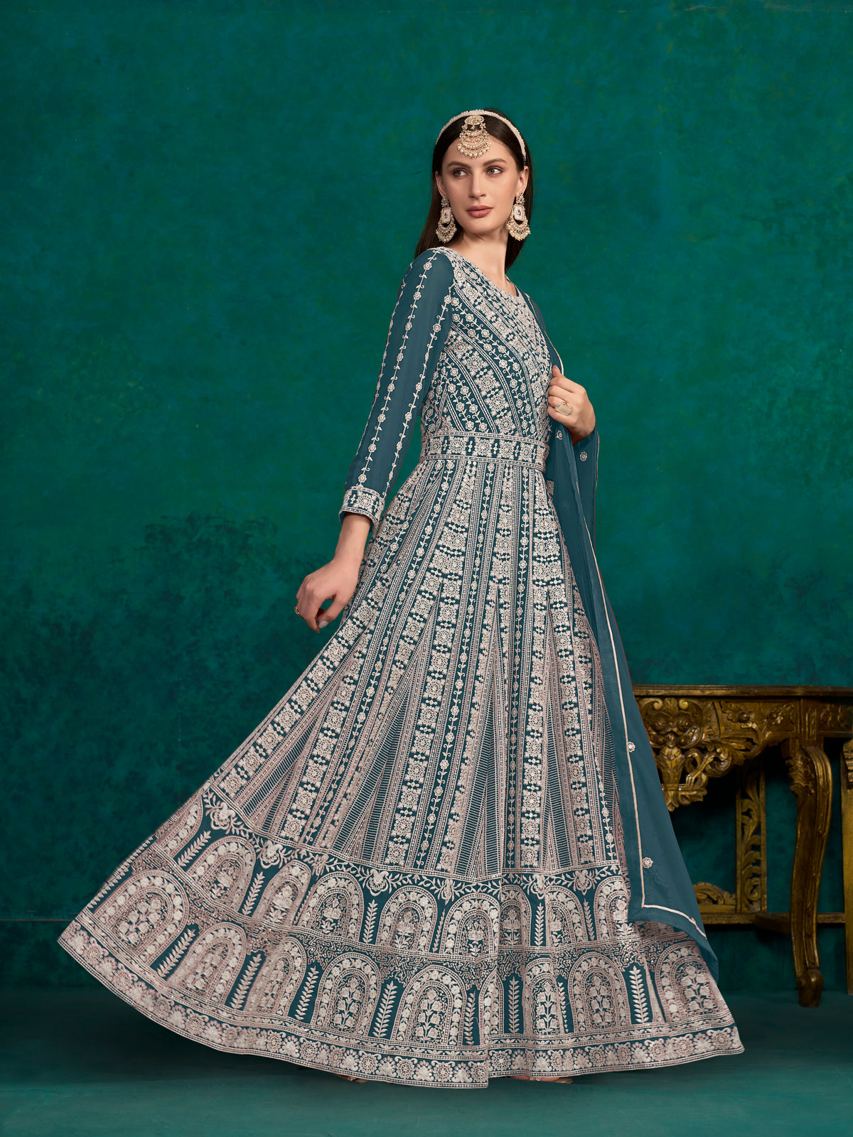 Blue Faux Georgette Embroidered Flared Anarkali Gown With Bottom Dupatta