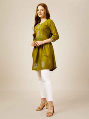 Olive Green Rayon Embroidered Short Kurti