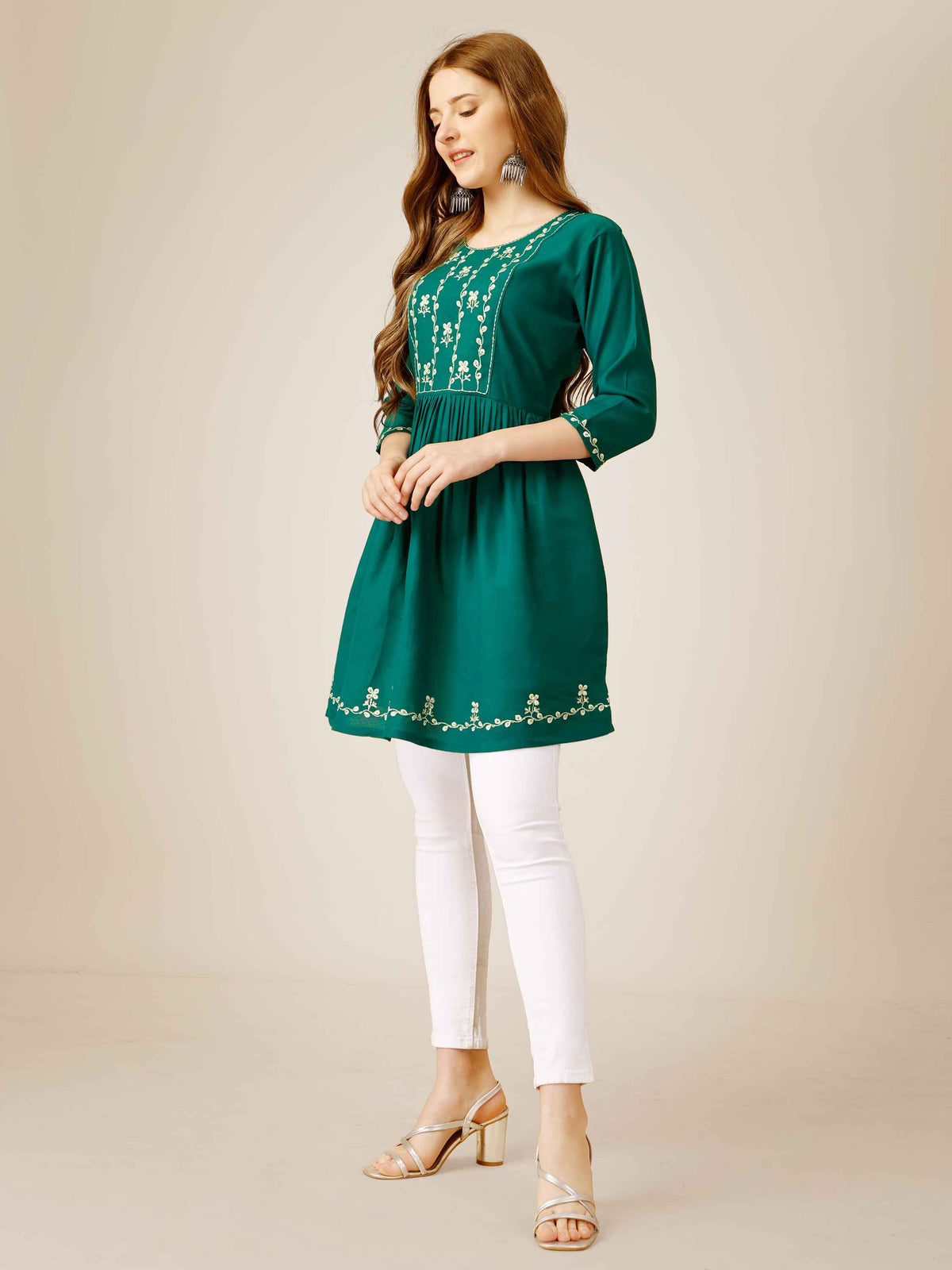 Green Rayon Embroidered Short Kurti