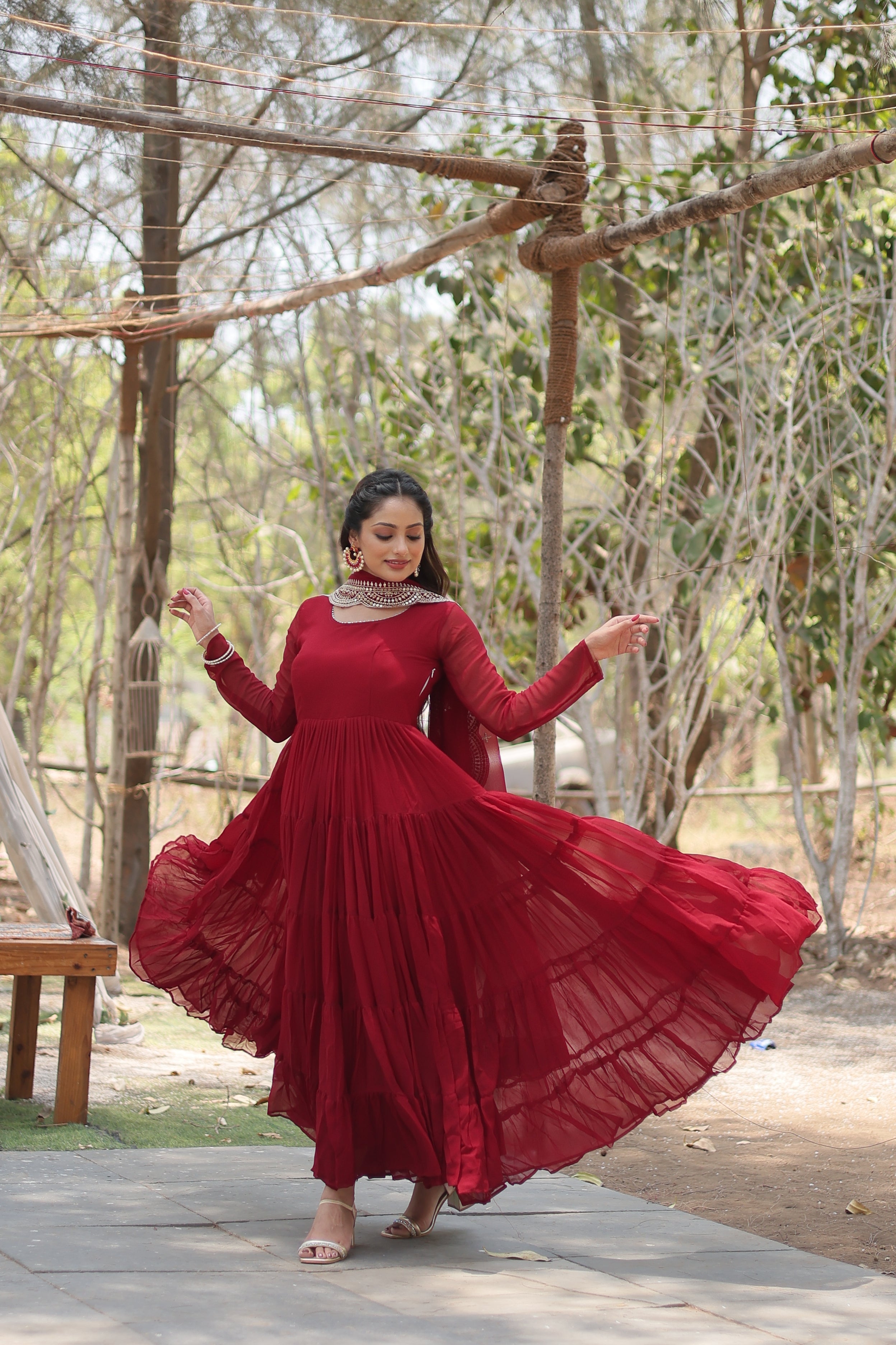 Maroon Faux Georgette Sequins Embroidered Gown With Dupatta