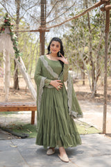 Light Green Faux Georgette Sequins Embroidered Gown With Dupatta