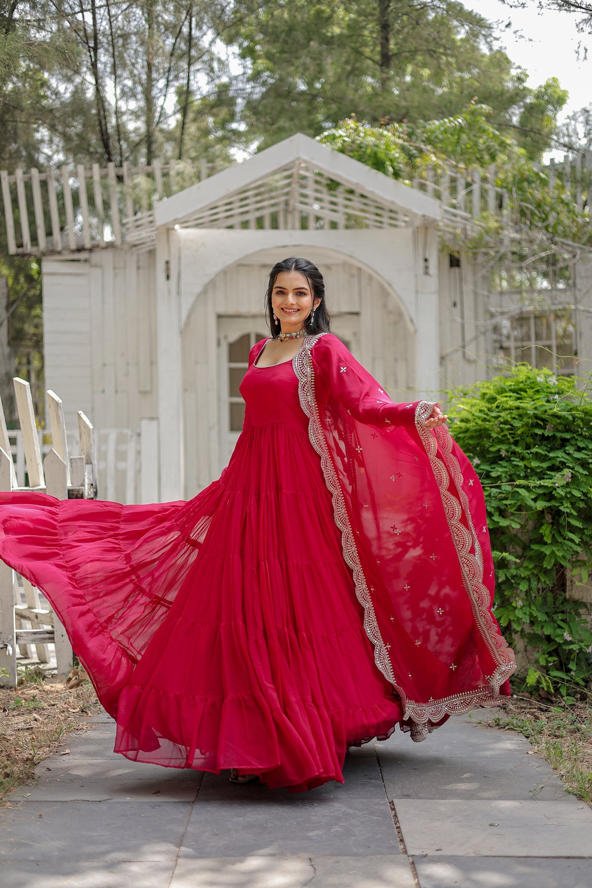 Pink Faux Georgette Sequins Embroidered Panelled Gown With Dupatta