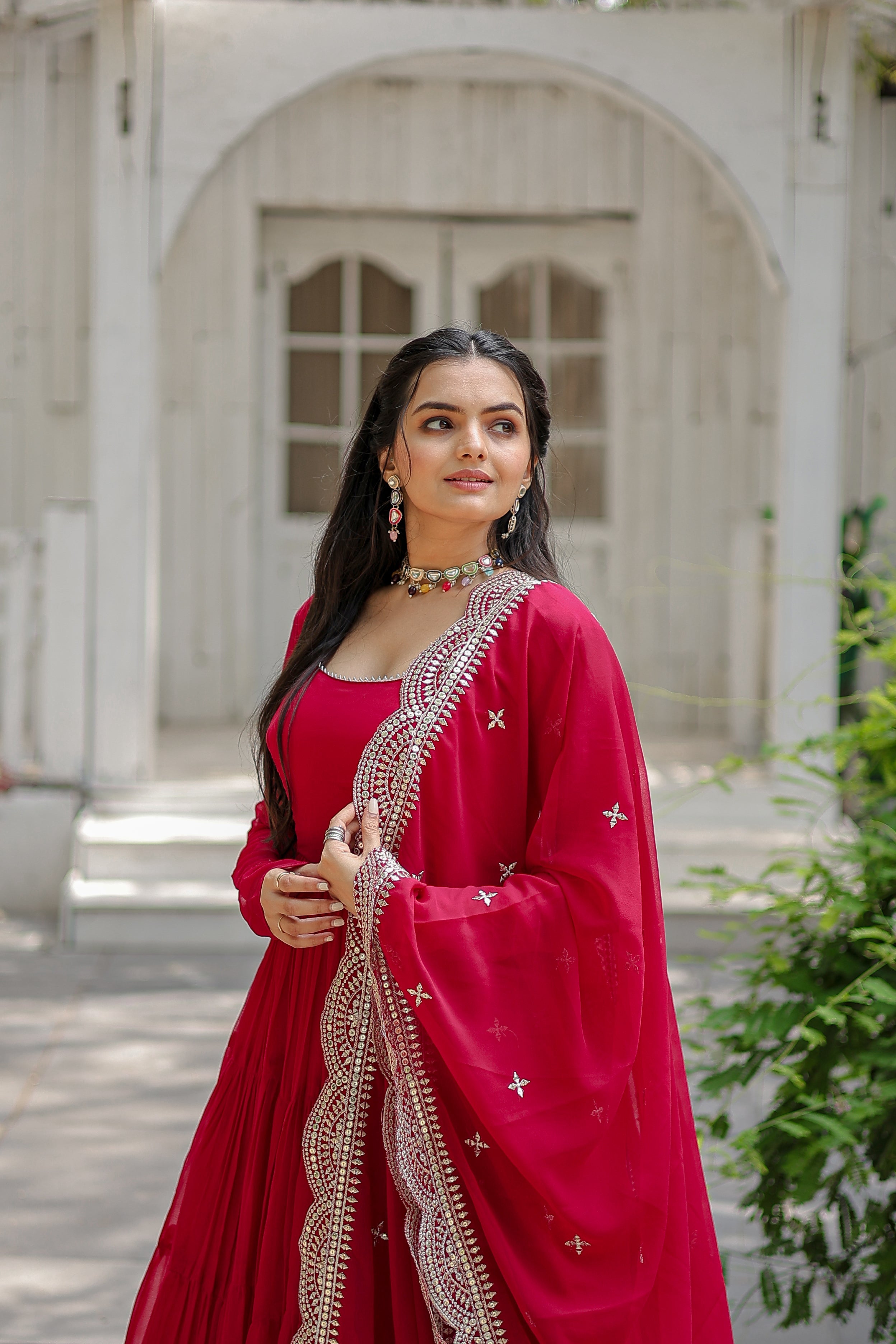 Pink Faux Georgette Sequins Embroidered Panelled Gown With Dupatta