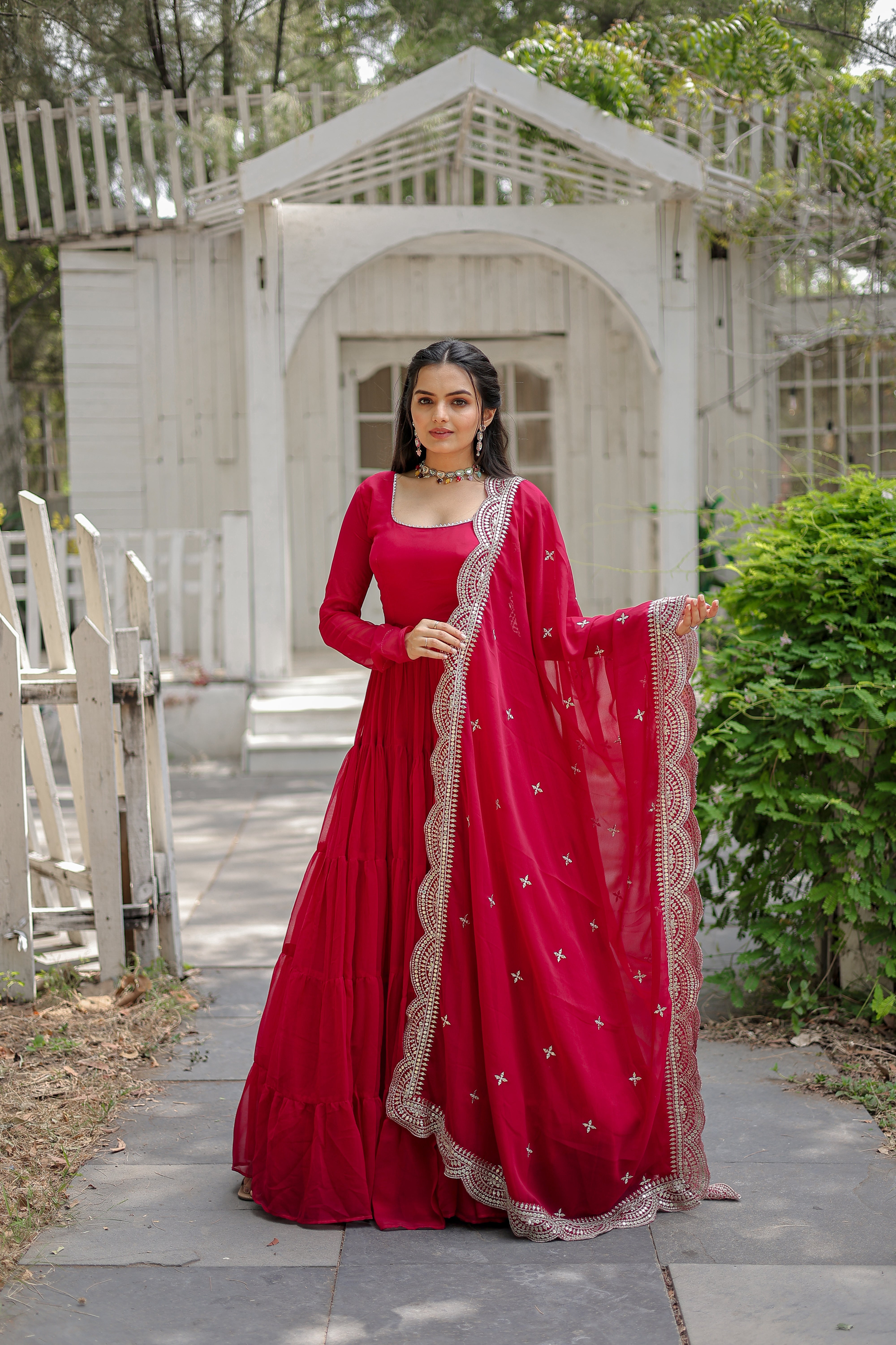 Pink Faux Georgette Sequins Embroidered Panelled Gown With Dupatta