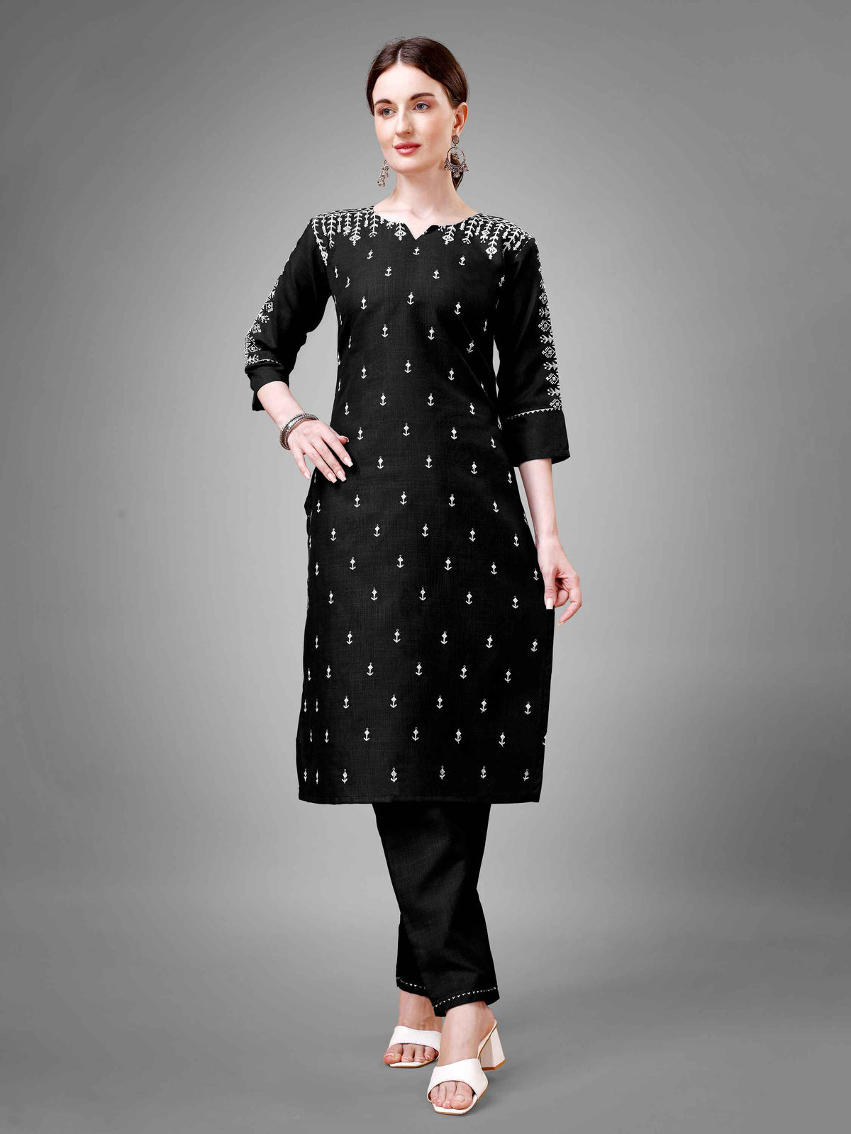 Black Cotton Blend Embroidered Kurti With Pant