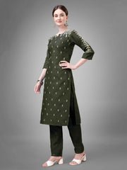 Green Cotton Blend Embroidered Kurti With Pant