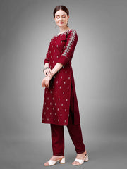 Maroon Cotton Blend Embroidered Kurti With Pant