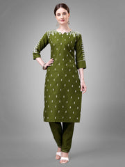 Olive Green Cotton Blend Embroidered Kurti With Pant