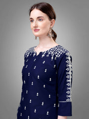 Navy Blue Cotton Blend Embroidered Kurti With Pant