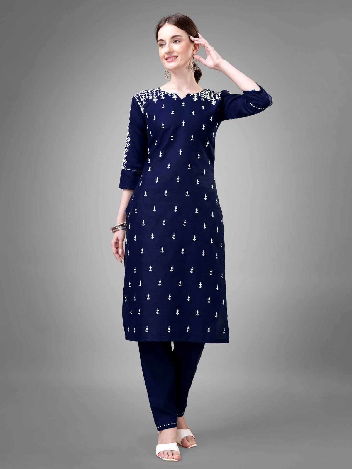 Navy Blue Cotton Blend Embroidered Kurti With Pant