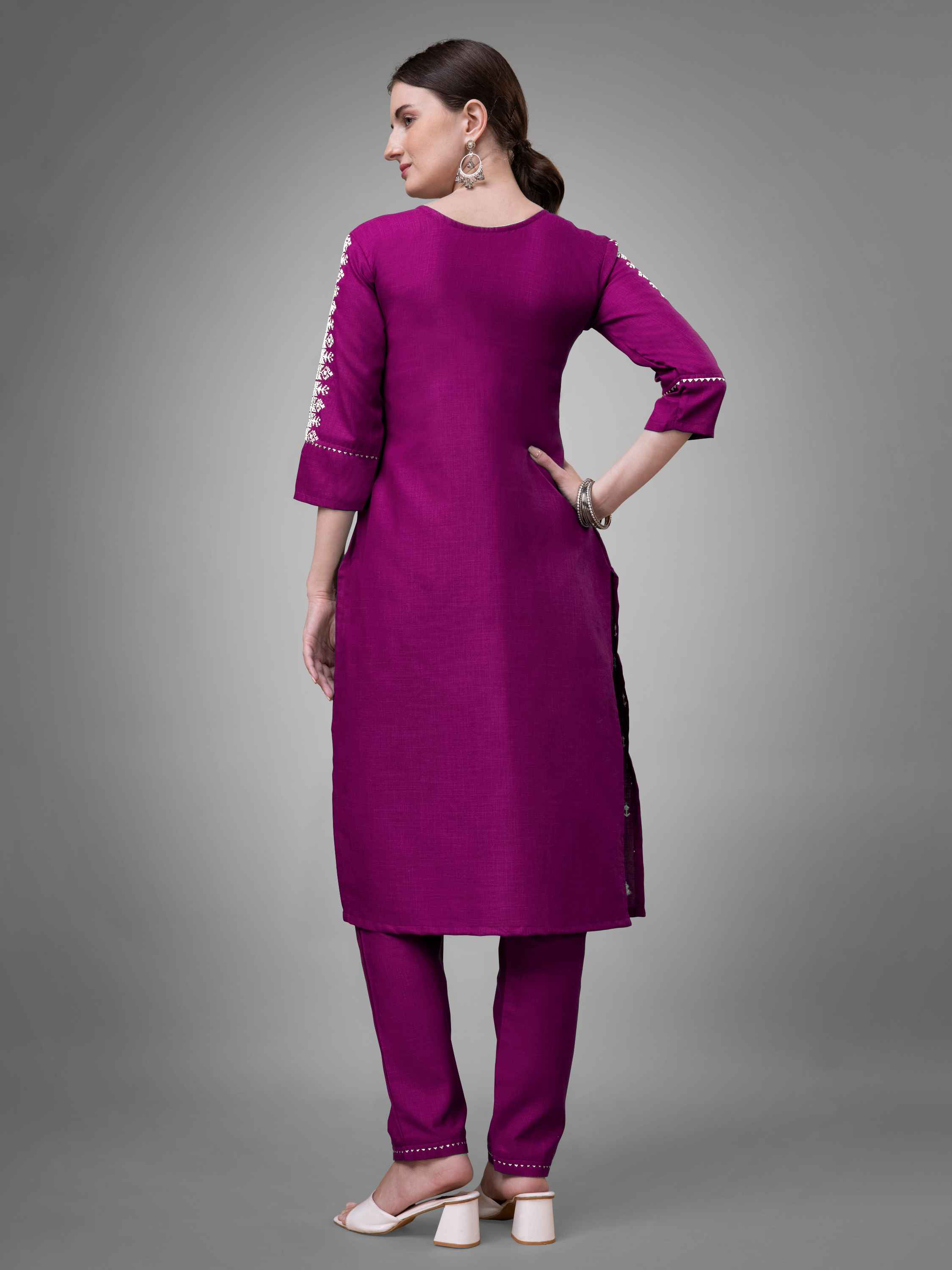 Purple Cotton Blend Embroidered Kurti With Pant