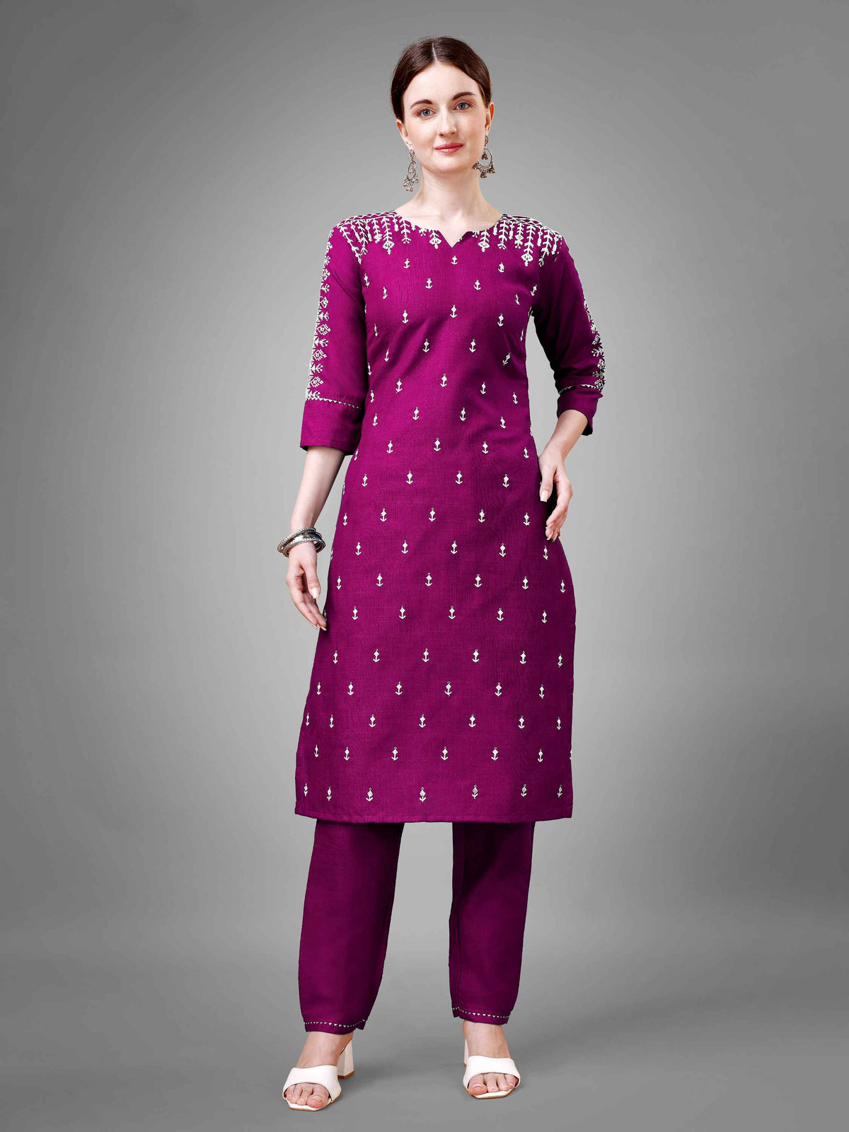 Purple Cotton Blend Embroidered Kurti With Pant