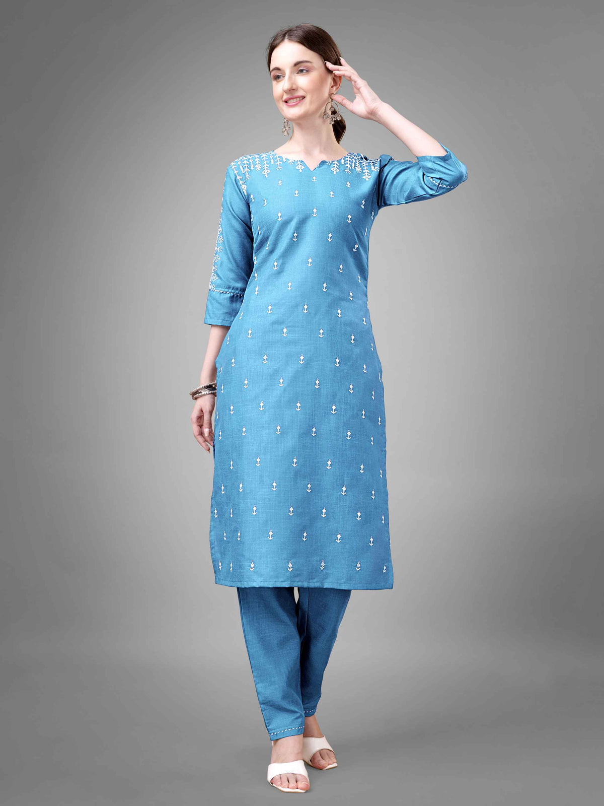 Sky Blue Cotton Blend Embroidered Kurti With Pant