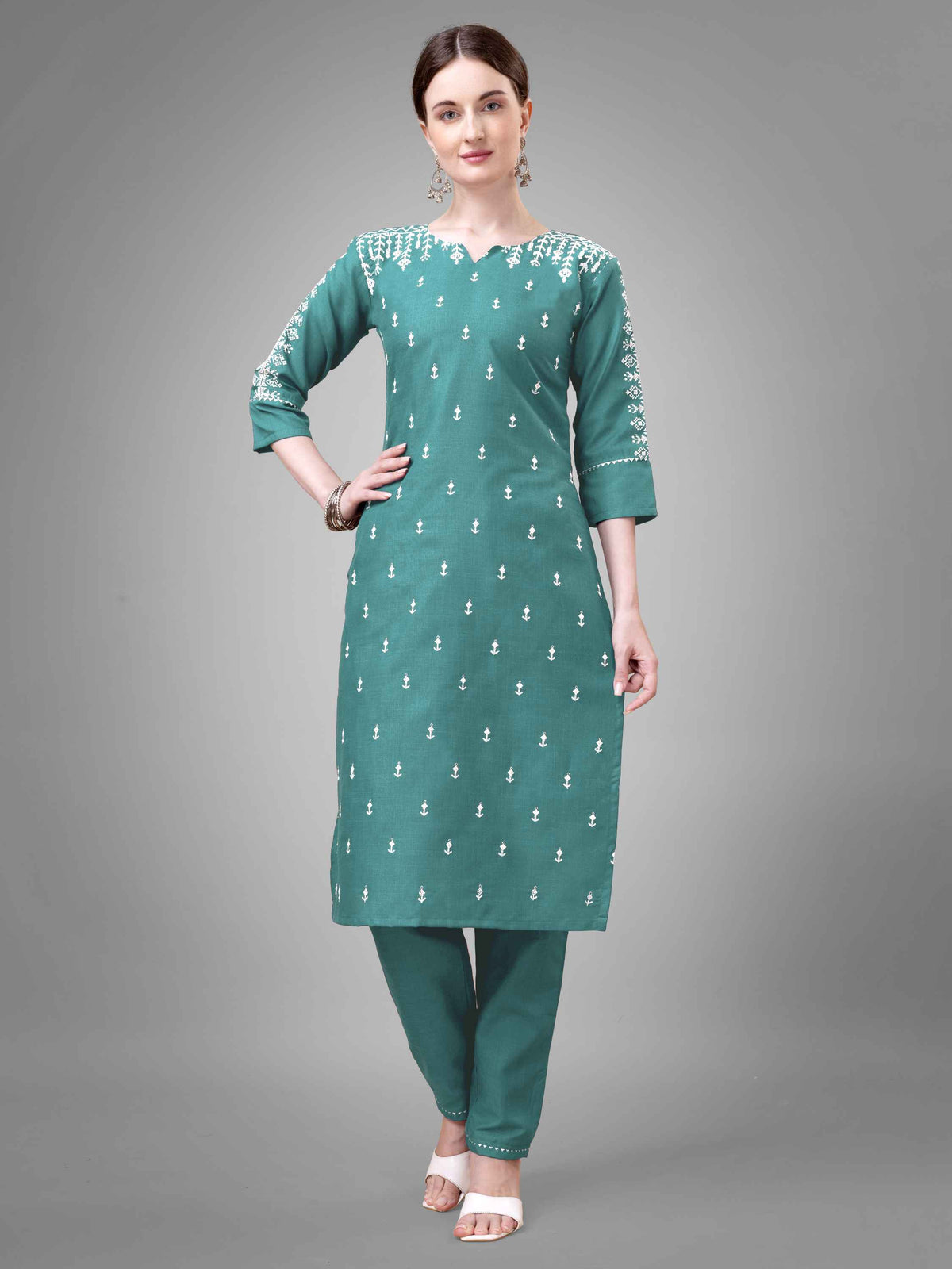 Teal Cotton Blend Embroidered Kurti With Pant