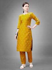 Yellow Cotton Blend Embroidered Kurti With Pant