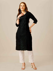 Black Cotton Sequins Embroidered Kurti With Pant