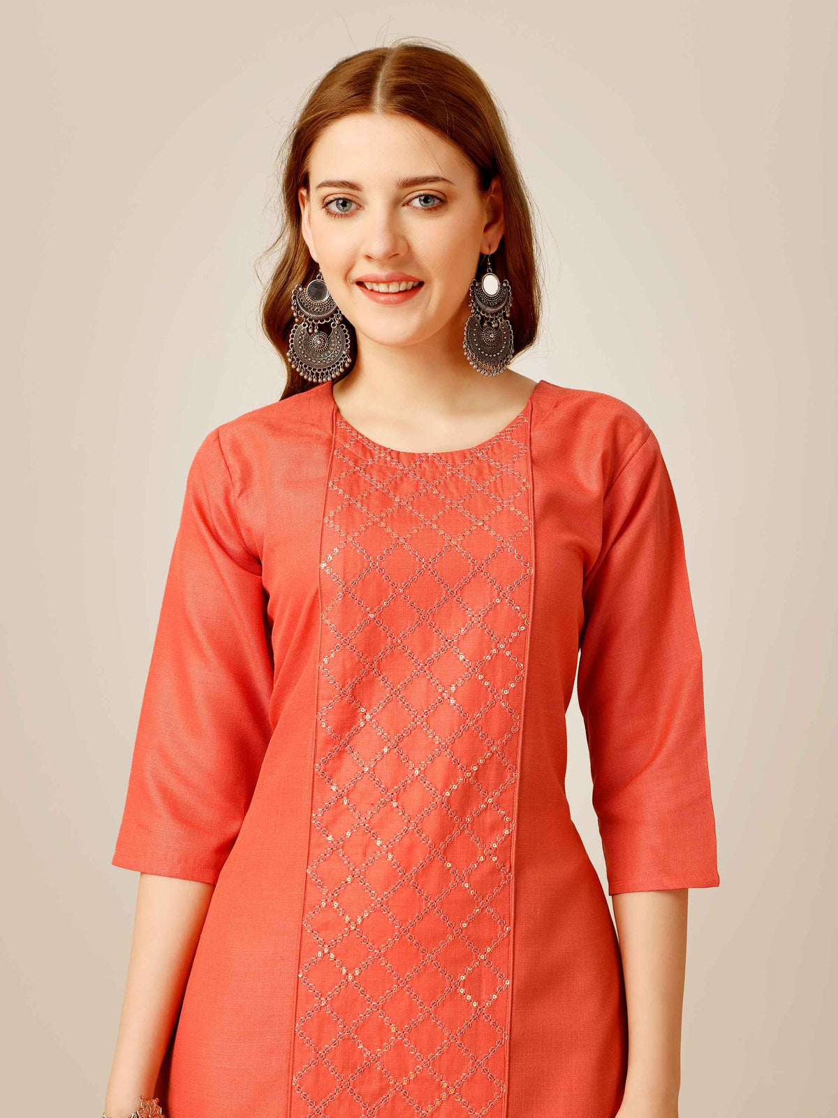 Grey Cotton Sequins Embroidered Kurti With Pant