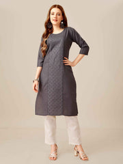 Grey Cotton Sequins Embroidered Kurti With Pant