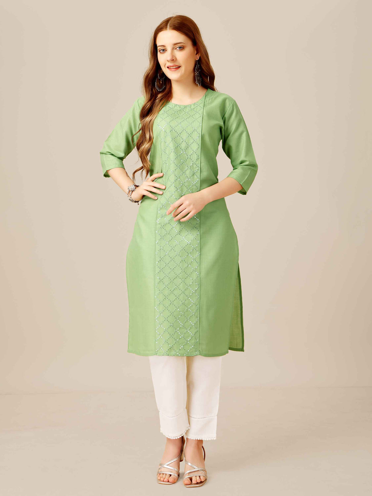 Light Green Cotton Sequins Embroidered Kurti With Pant