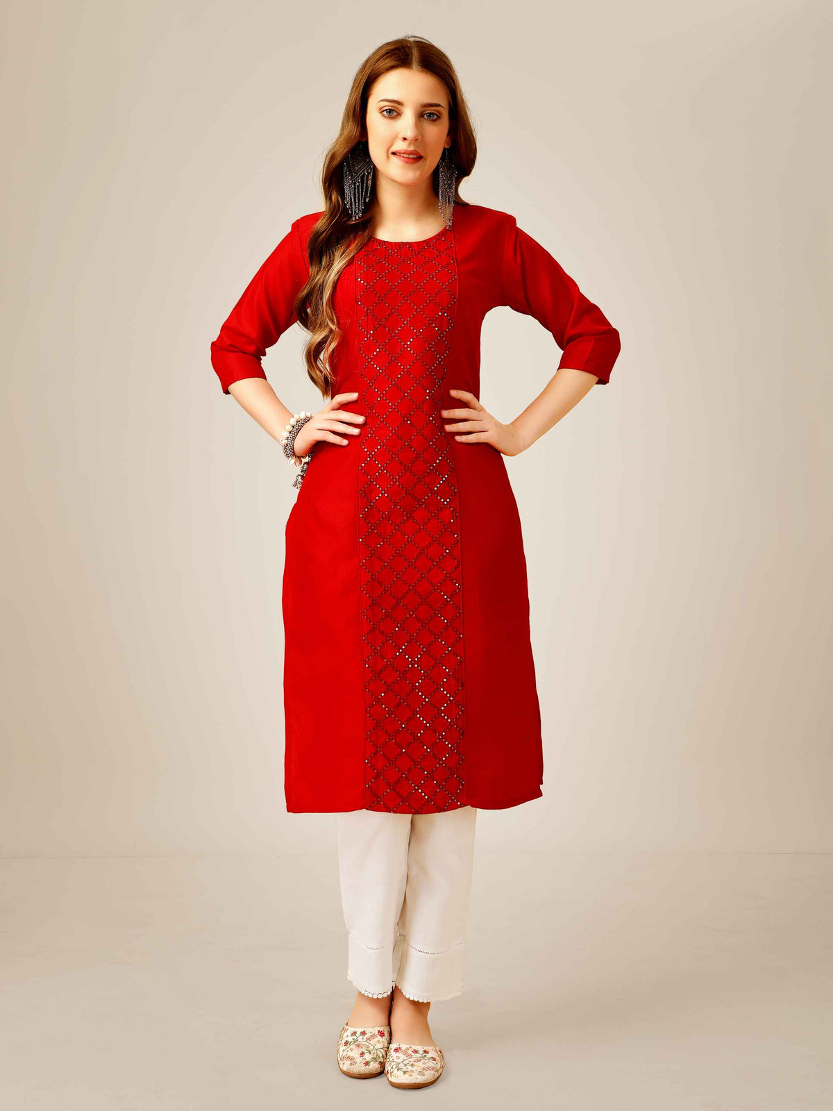 Red Cotton Sequins Embroidered Kurti With Pant