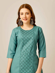 Teal Cotton Sequins Embroidered Kurti With Pant