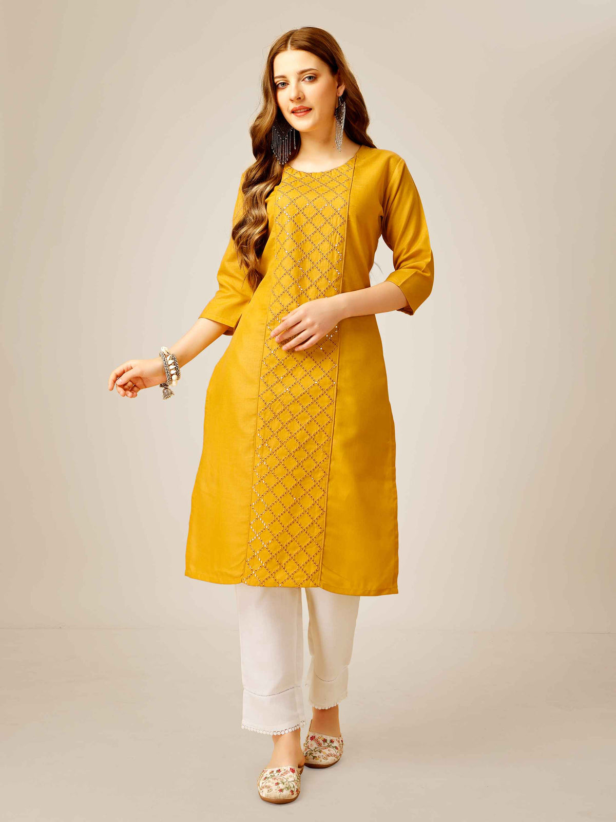 Yellow Cotton Sequins Embroidered Kurti With Pant