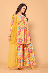 Yellow Viscose Chinon Digital Printed Salwar Suit With Sharara Dupatta