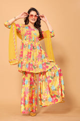 Yellow Viscose Chinon Digital Printed Salwar Suit With Sharara Dupatta